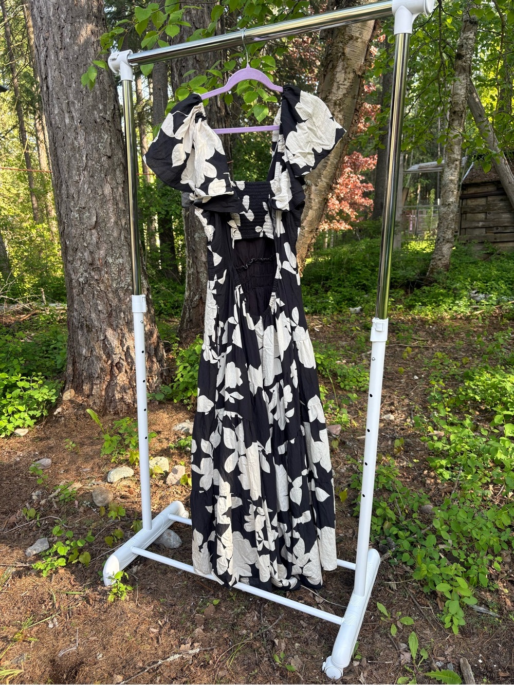 Black Floral Maxi Dress with Cream Blooms and Statement Sleeves - Picture 3 of 4